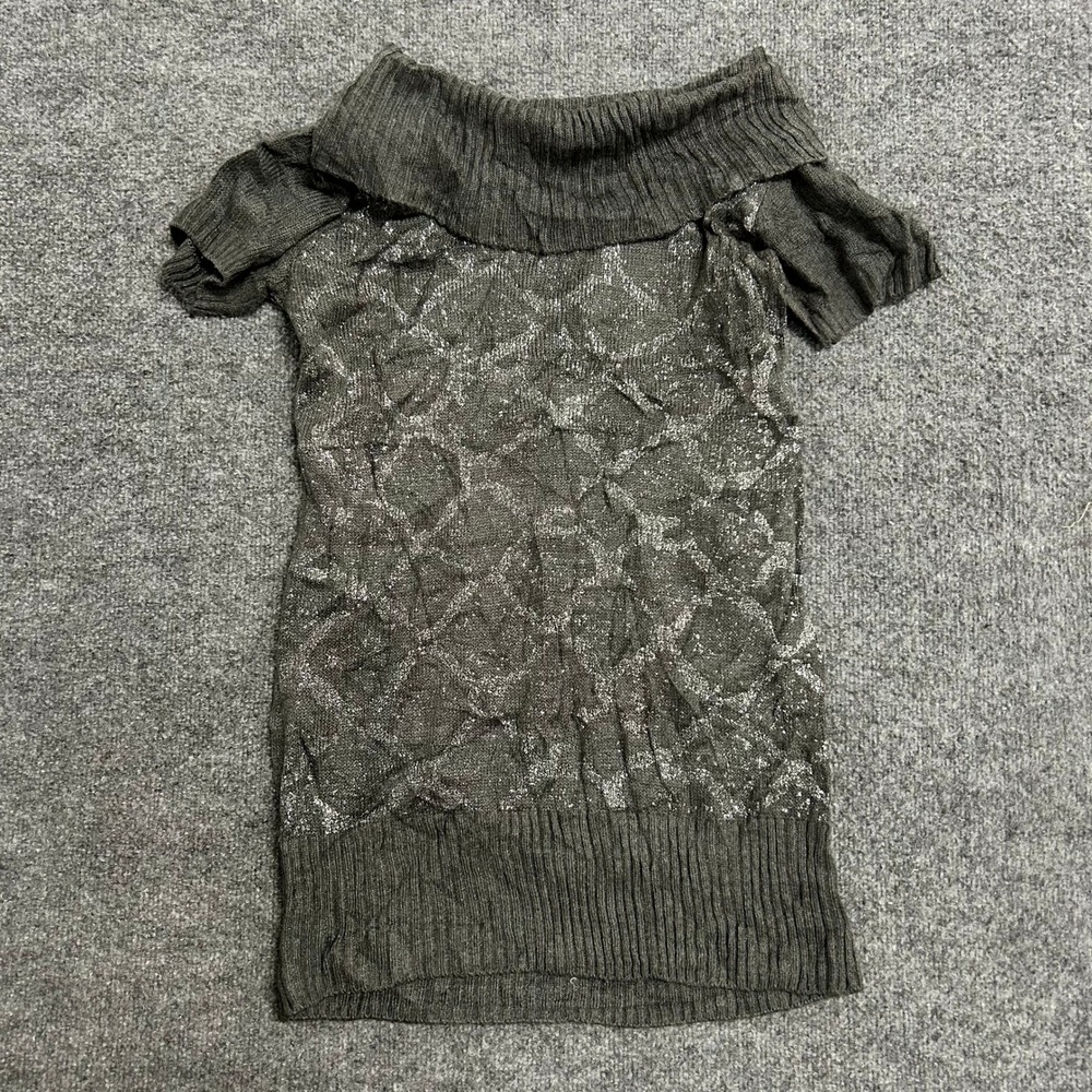 AB Studio Sweater Womens Size L Gray Metallic Geometric Cowl Neck Short Sleeve